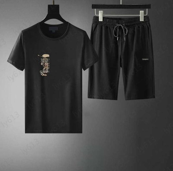 

mens black designer clothes sets fashion leisure luxury plaid three-dimensional brand printed cotton round neck t-shirt shorts set male clot, Gray