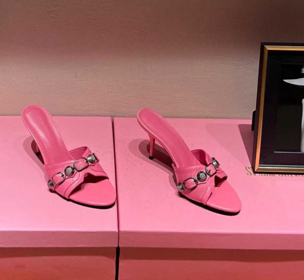 

cagole lambskin leather mules sandals stud buckle embellished shoes rounded slip on open toes stiletto heel womensl uxuryd esignerss balencs, Black