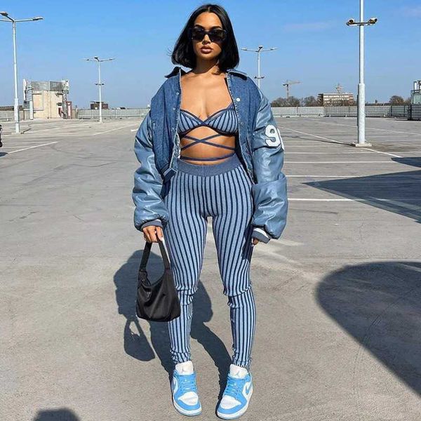 

womens tracksuits fashion striped bandage bra vest slim fit leggings two piece set, Gray