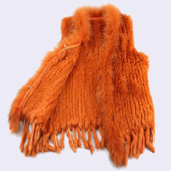 

fur new brand women genuine real rabbit fur vest coat tassels raccoon fur collar waistcoat wholesale, Black