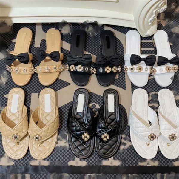

chan c bowties slippers designer pearl sandals women plaid cross straps flat mules diamond letter summer shoes summer fashion beach shoes le, Black