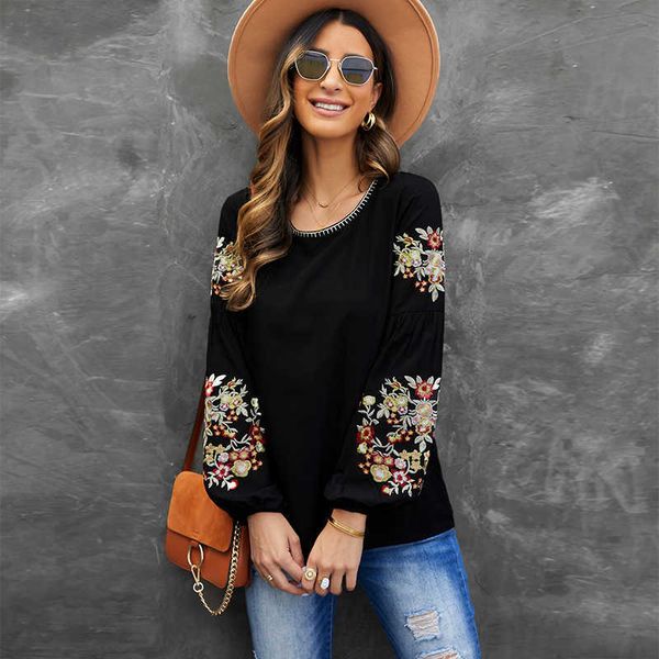 

sweater women's shiying spring and autumn new embroidery stitching simple leisure lantern sleeve women, White