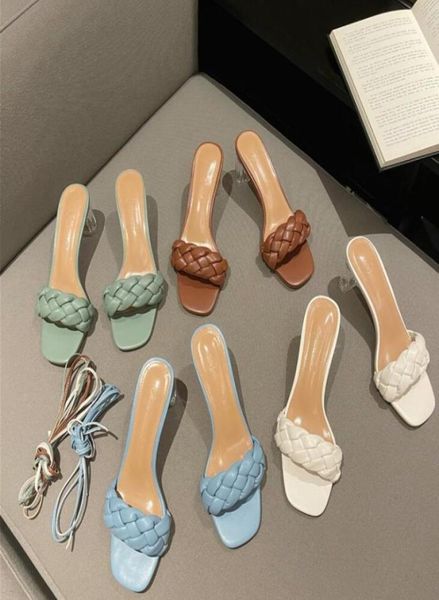 

fashion style weave women slippers ladies thin high heels narrow beach sandals open toe slip on summer slides flip flops shoes y071134340, Black