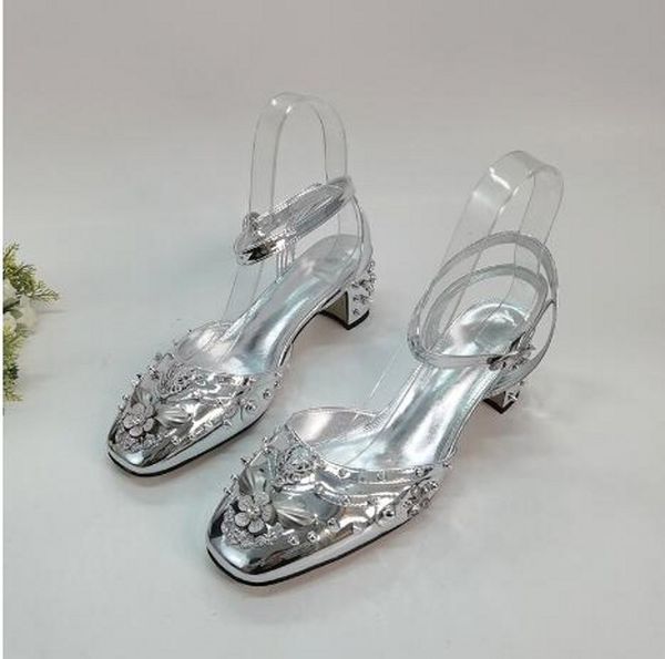 

shinny gold silver rivets sandals women med chunky heel square toe genuine leather summer gladiators shoes plus size 35-42 high quality, Black