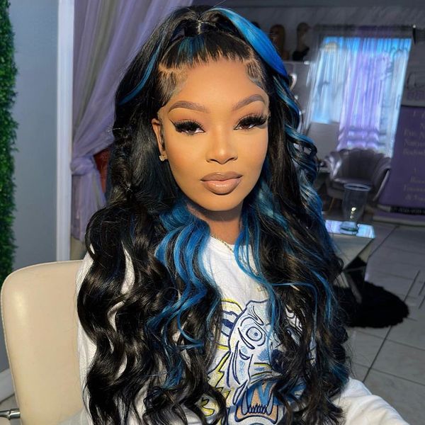 

13x4 lace front blue highlight black wigs transparent lace frontal wig brazilian simulation human hair body wave wig for women