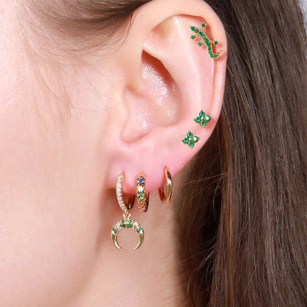 

charm desain baru mode kubik zirkonia hijau huggie anting hoop untuk wanita liontin kecil korea anting-anting tindik tulang rawan perhiasan, Golden