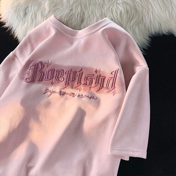 

women's tshirt suede national letter embroidery short sleeved tshirt women summer loose chic couple clothes oversized t shirt 230427, White