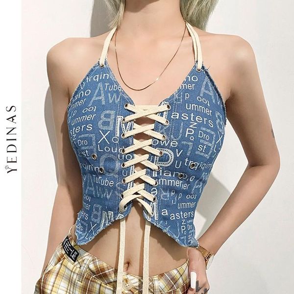 

t-shirt yedinas vintage letter print halter women off shoulder crop slim denim camisole vest bandage streetwear summer, White