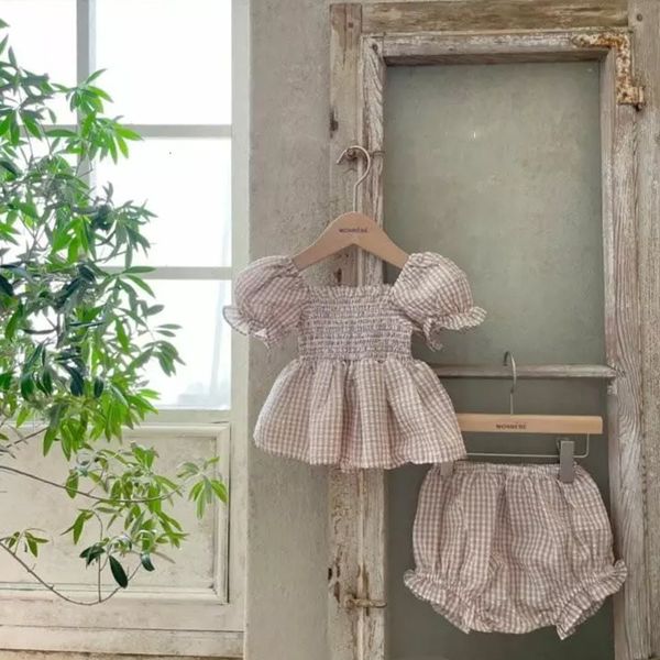 

rompers kids toddlers plaid cotton smocked shorts set fashion summer baby girl clothes design bubble sleeve princess dress 230427, Blue