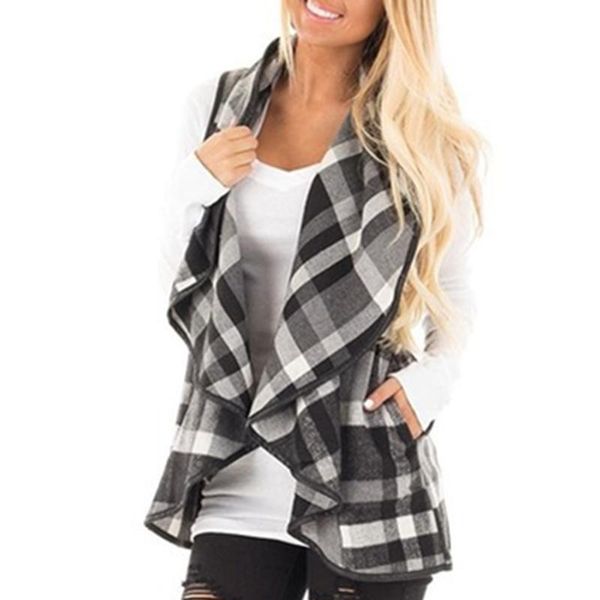 

vests office autumn ladies vest sleeveless turn down neck open front jacket check plaid cardigan casual women long waistcoat whf49, Black;white