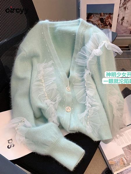 

sweaters circyy cardigan women light green sweater spring autumn vneck spliced ruffled korean fashion chic knitted female casual coat, White;black