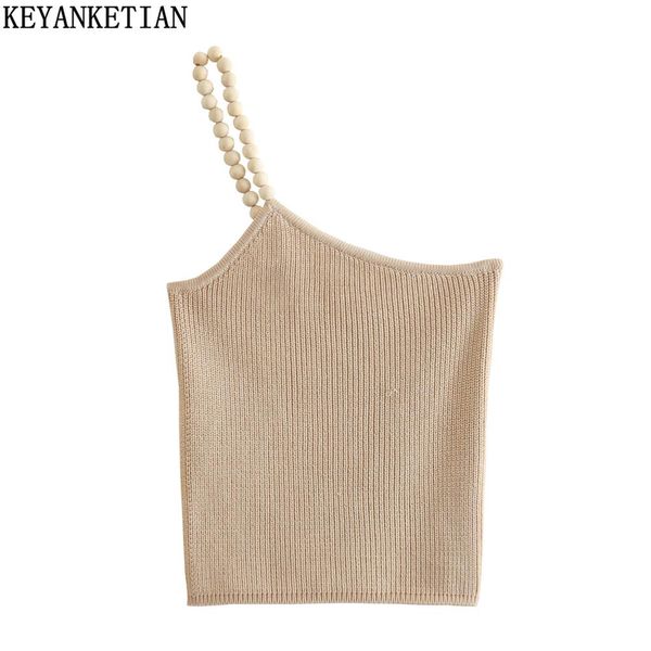 

t-shirt keyanketian women's asymmetric beaded strap knit sling mujer summer short skinny apricot thin sweater vest resort top, White