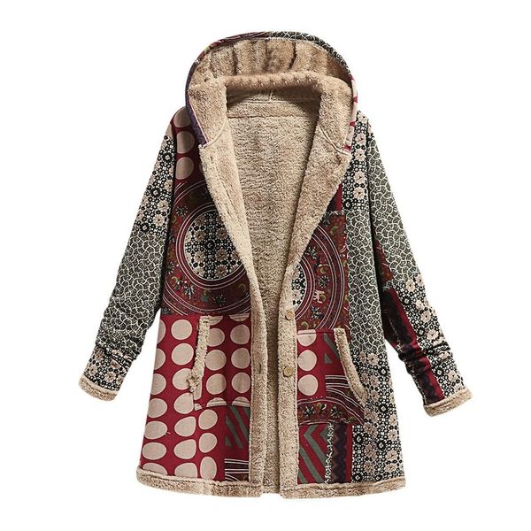 

fur new fashion winter vintage women coat warm printed thick fleece hooded long jacket ladies outwear loose overcoat women, Black