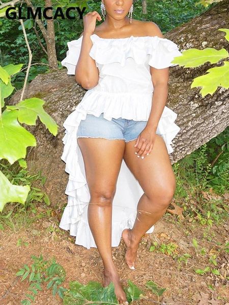 

t-shirt women off shoulder ruffles dip hem blouse chic summer, White