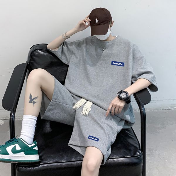 

mens tracksuits streetwear men 2 piece shorts sets summer casual loose fit outfits men clothing korean fashion oversized sportswear clothes, Gray
