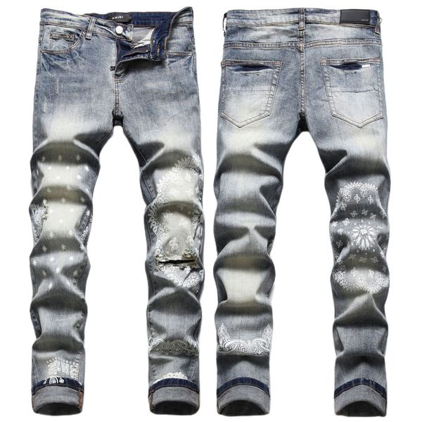 

men's jeans european jean hombre letter star am tiny spot men embroidery patchwork ripped trend brand motorcycle pant mens skinny am311, Blue