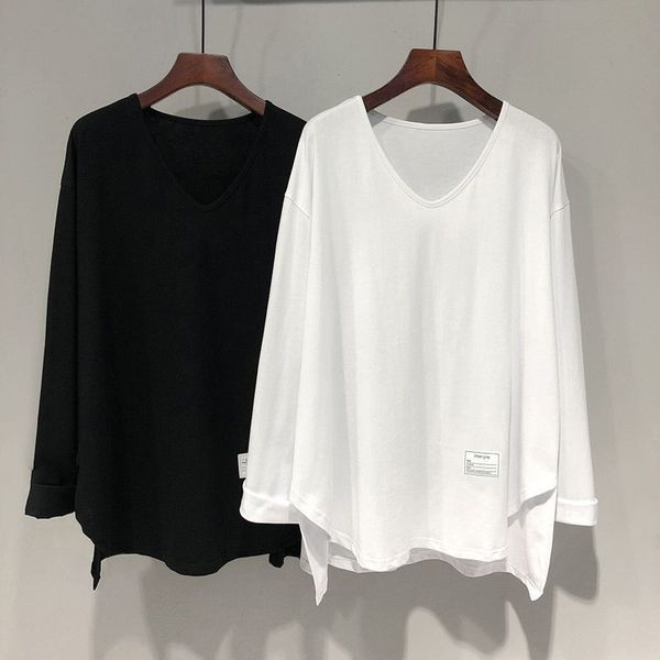

women's t-shirt women long sleeve t-shirt white ins summer basic v-neck blouses all-match y2k ladies loose tee casual femme spring 230