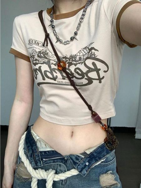 

t-shirt qweek y2k vintage beige cropped women egirl retro streetwear graphic print tshirts aesthetic short sleeve tshirts patchwork, White