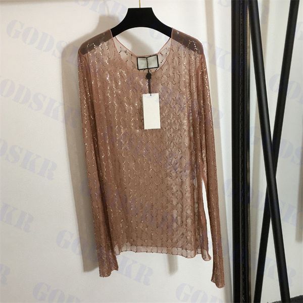 

diamond letter t shirt womens see through mesh tees womens underwear shirts long sleeve clothes two colors, White