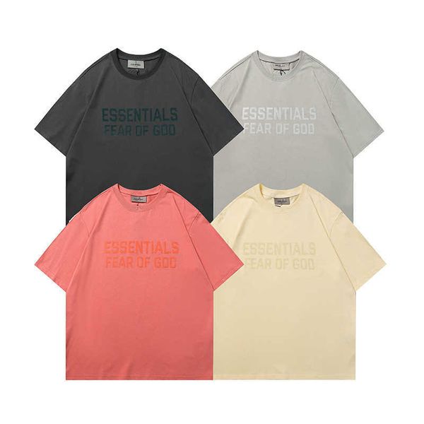 

qr5j 2023 men's and women's new t shirt fashion high street brand ess spring/summer double thread double row flocking letter loose, White;black