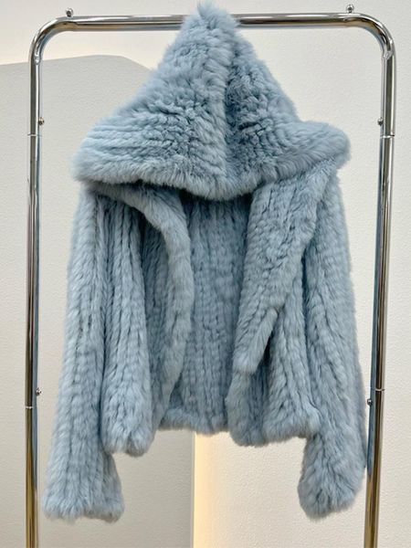 

fur autumn winter women real rabbit fur coat 100% natural fur jacket loose manual weave quality streetwear hooded flare sleeves new, Black
