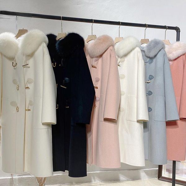 

fur fox collar wool coat women winter midlength woolen coat doublesided cashmere coat korean overcoat belt trench coat zm1175, Black
