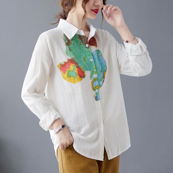 

shirts 2022 new korea style tie dye print fashion lady white blouse shirts cotton long sleeve women casual autumn spring casual blouse