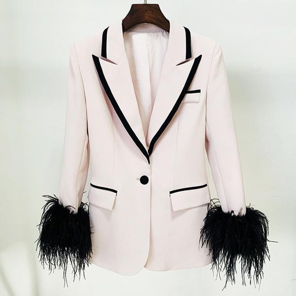 

pants 2022 women feather sleeve one button fashion blazer, White
