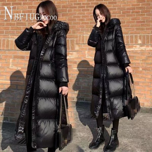 

leather women parkas coat xlong winter hooded solid korean jacket clothing, Black