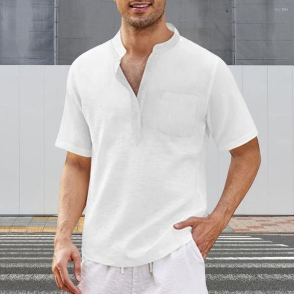 

men's casual shirts men summer shirt simple style pocket solid color stand collar short sleeves match pants loose mid length t-shirt cl, White;black