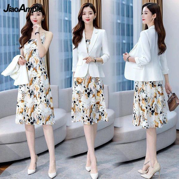 

dress 2022 summer new slim thin suit coat floral dress twopiece women korean autumn eleagnt blazers chiffon suspender midi skirt set, White
