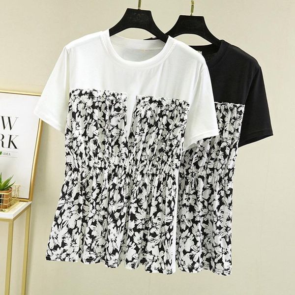 

t-shirt summer short sleeve tshirt women fasion patchwork floral print loose tshirt casual loose round neck female clothing, White