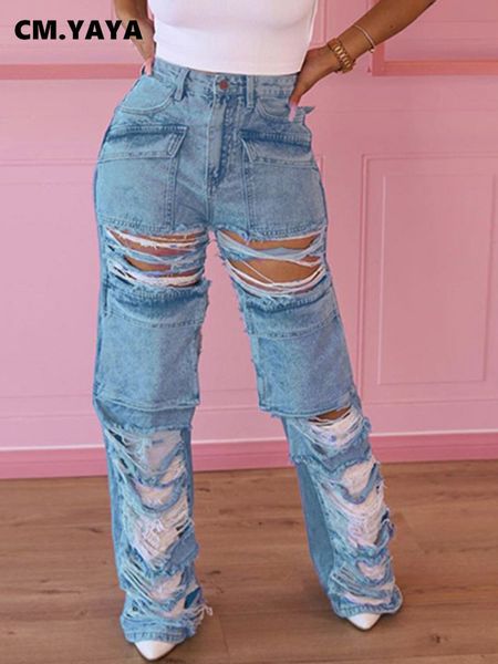 

women's jeans cmyaya women fashion ripped hollow out tassel pocket front safari style 2023 summer ins street denim pants trousers 23042, Blue