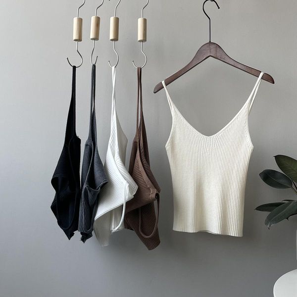 

t-shirt women's vneck knitted camis vest slim fit solid color pit strip, White