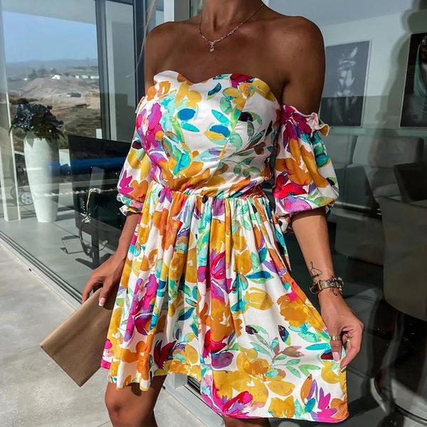 

dresses elegant ruffled lantern sleeve print dress fashion bohemian party dress for women 2023 summer strapless pleated mini dress, Black;gray