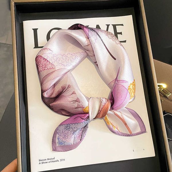 

scarves 2023 new nature silk neckerchief floral print luxury 100 real silk square scarf for women bag ribbon hairband bandana female j230428, Blue;gray