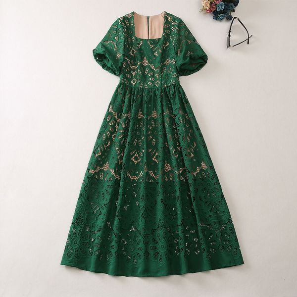 

lace dress spring/summer new round neck short sleeve green water soluble flower belt medium long style temperament dress women's s, Black