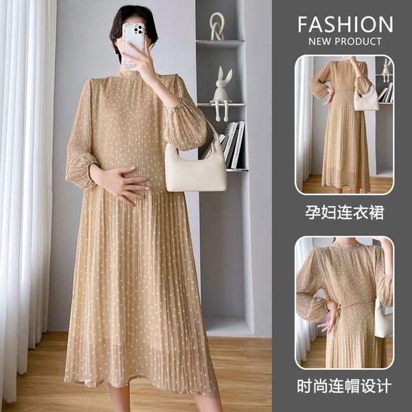 

maternity dresses 1834# spring autumn pleated dot printed chiffon maternity dress loose straight clothes for pregnant women sweet ins pregna, White