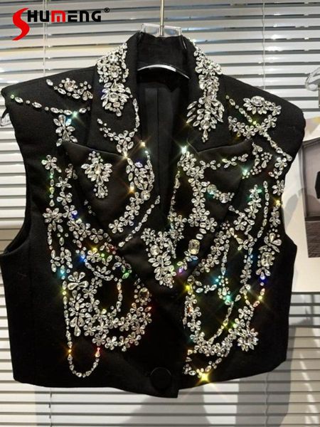 

vests highend custom 2023 spring new heavy industry manual beaded rhinestone flower suit vest women black sleeveless waistcoat jacket, Black;white