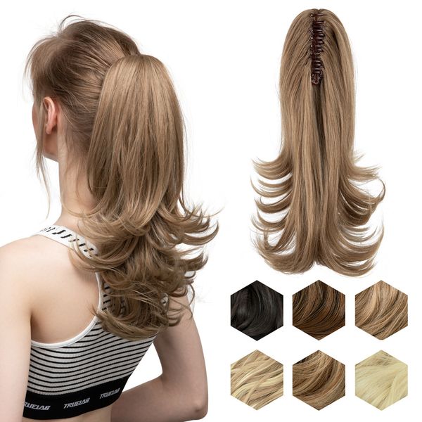 

synthetic claw clip in ponytail hair extensions hairpiece 14" blonde hair wavy false pigtail with elastic band horse tail, Black