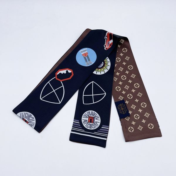 

designer four leaf clover scarf silk fabric chiffon headband fashion pattern for women&girl gift long handle bag scarves head wraps high qua, Blue;gray