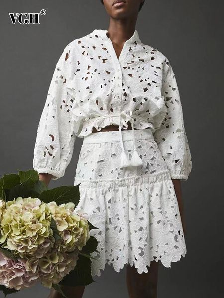 

dress vgh sweet plain two piece sets for women v neck loose long sleeve high waist cut out mini skirts female 2022 spring clothes, White