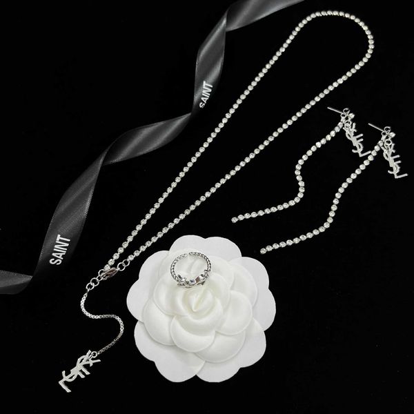 

y home new full diamond necklace letter necklace long tassel earrings opening fried dough twists ring temperament, Silver