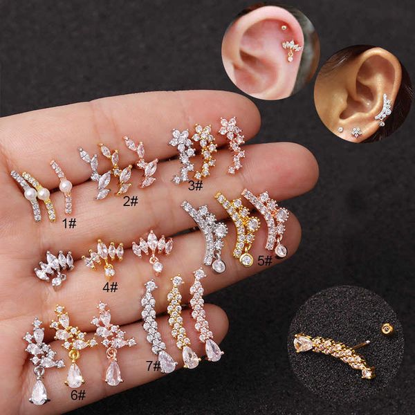 

korean style exaggerated crown earring studs ear bone nail creative stainless steel thin rod screw earnail puncture white gold cubic zirconi, Golden;silver
