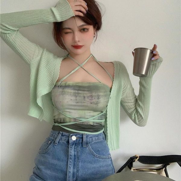 

sweaters summer cardigan two piece sets women fashion slim green tiedye halterneck camis cropped +see through thin knitted cardigans, White;black