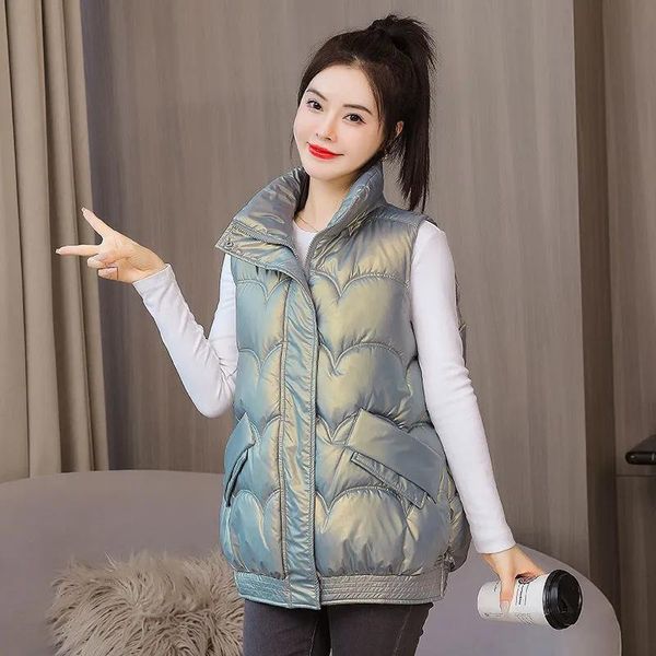 

leather 2022 new women's winter vest zipper stand collar pockets ladies sleeveless jacket casual loose waistcoat female puffer coat, Black