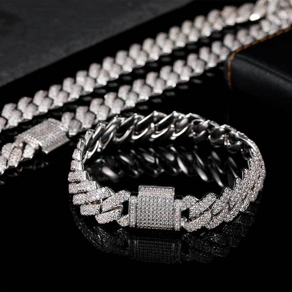 

passed test 14mm 16-24inch 925 sterling silver moissanite cuban chain necklace bracelet for women/men nice gift