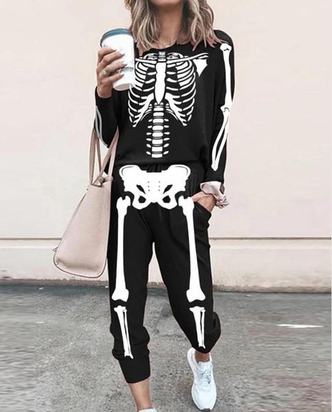 

pants y2k autumn casual women halloween 2pc clothes set black skeleton printed pattern pullover and pants with pockets streetwear 2022, White