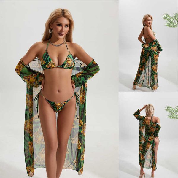 

2023 new mesh bikini three piece set gathered split print swimwear women