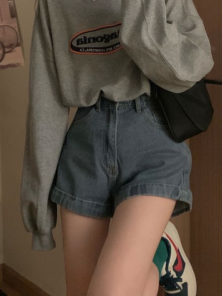 

women's shorts houzhou celana pendek denim fashion korea jeans wanita pinggang tinggi biru dasar musim panas gaya harajuku streetwear k, White;black